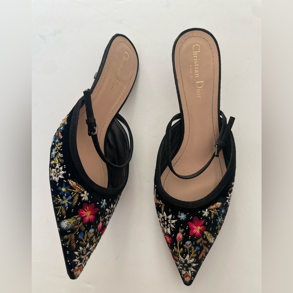 Christian Dior Black Velvet Embroidered Dioreve kitten heel mules EU 40.5 - Picture 2 of 9